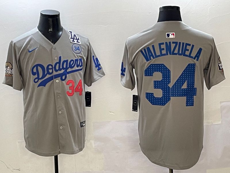 Men Los Angeles Dodgers 34 Valenzuela Grey Blue Fashion Game 2025 Nike MLB Jersey style 3264